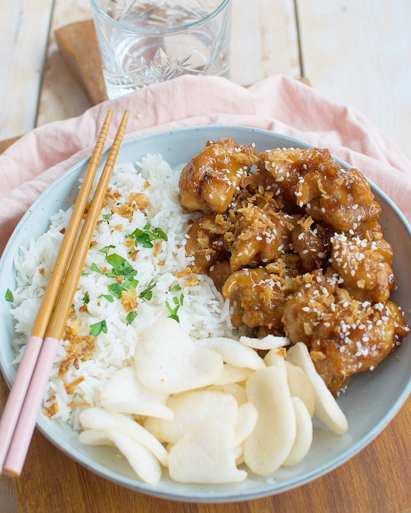 Krokante honing kip met rijst